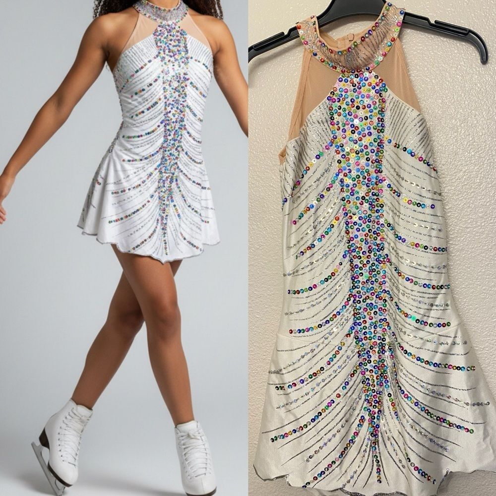 Custom solo dance ice skating ballet costume white sequin colorful dress SA/MA